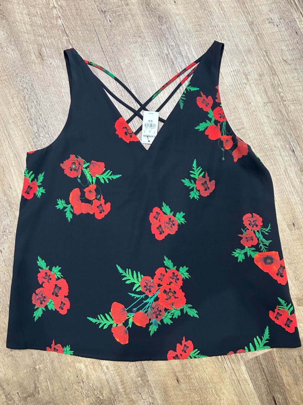 Express Black Floral V-Neck Strappy Cami with Red Flowers